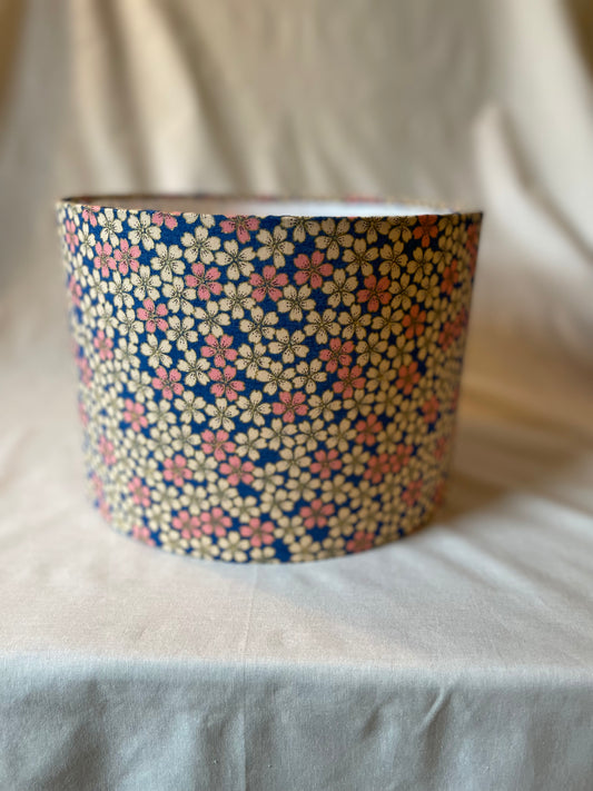 10 inch Drum Lampshade. Japanese Cherry Blossom Motif, Blue, Pale Peach and Pale Pink.