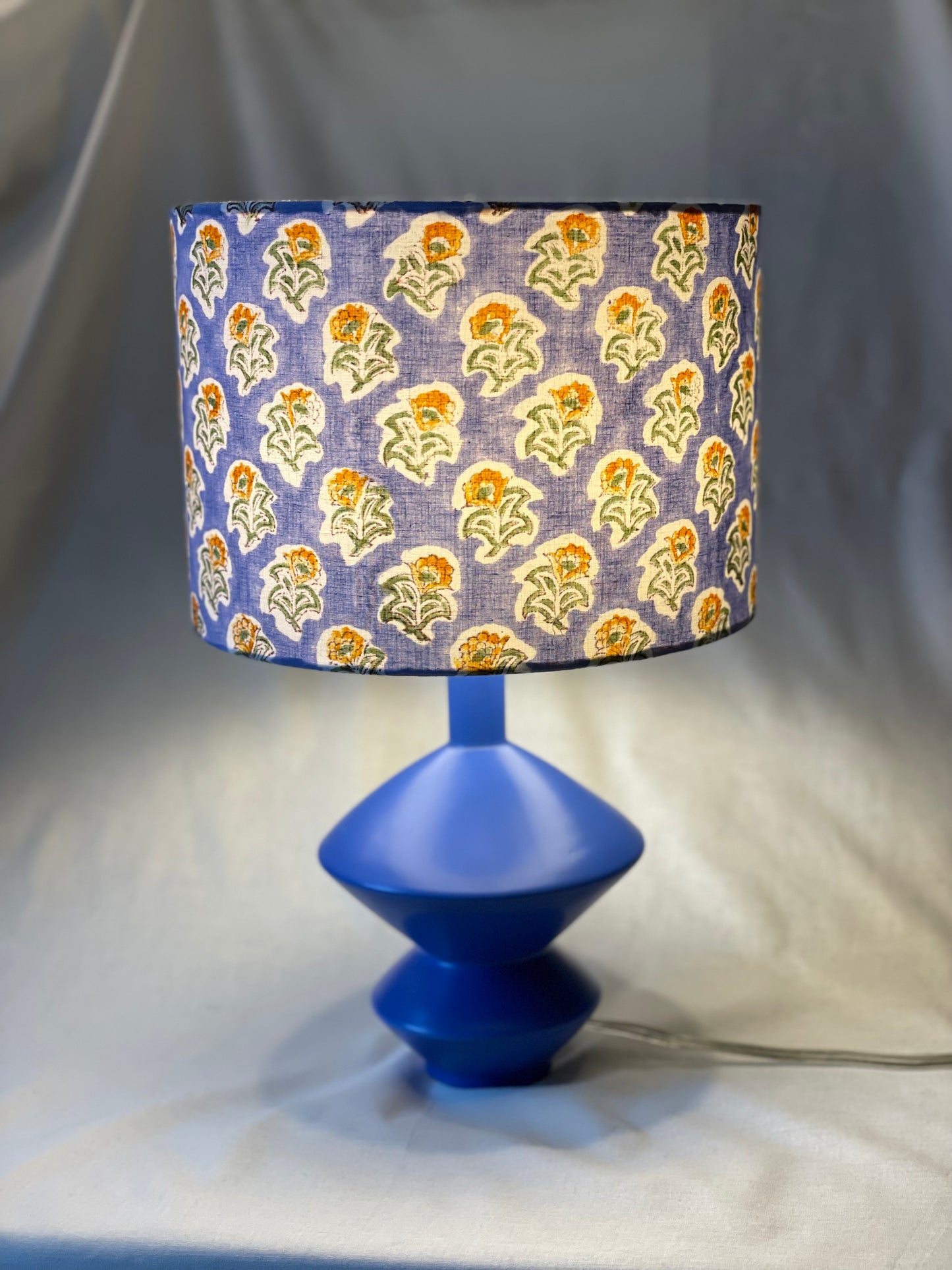 10 inch Drum Lampshade. Indian Block Print- Blue with Yellow Floral Motif.