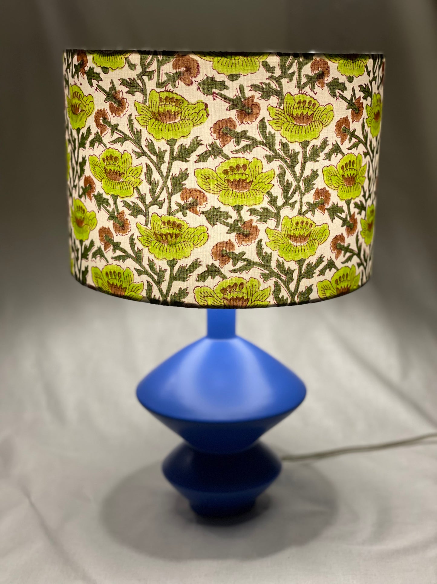 10 inch Drum Lampshade. Indian Block print from Jaipur. Apple Green, Dark Olive, and Coffee Brown Floral Motif on White.