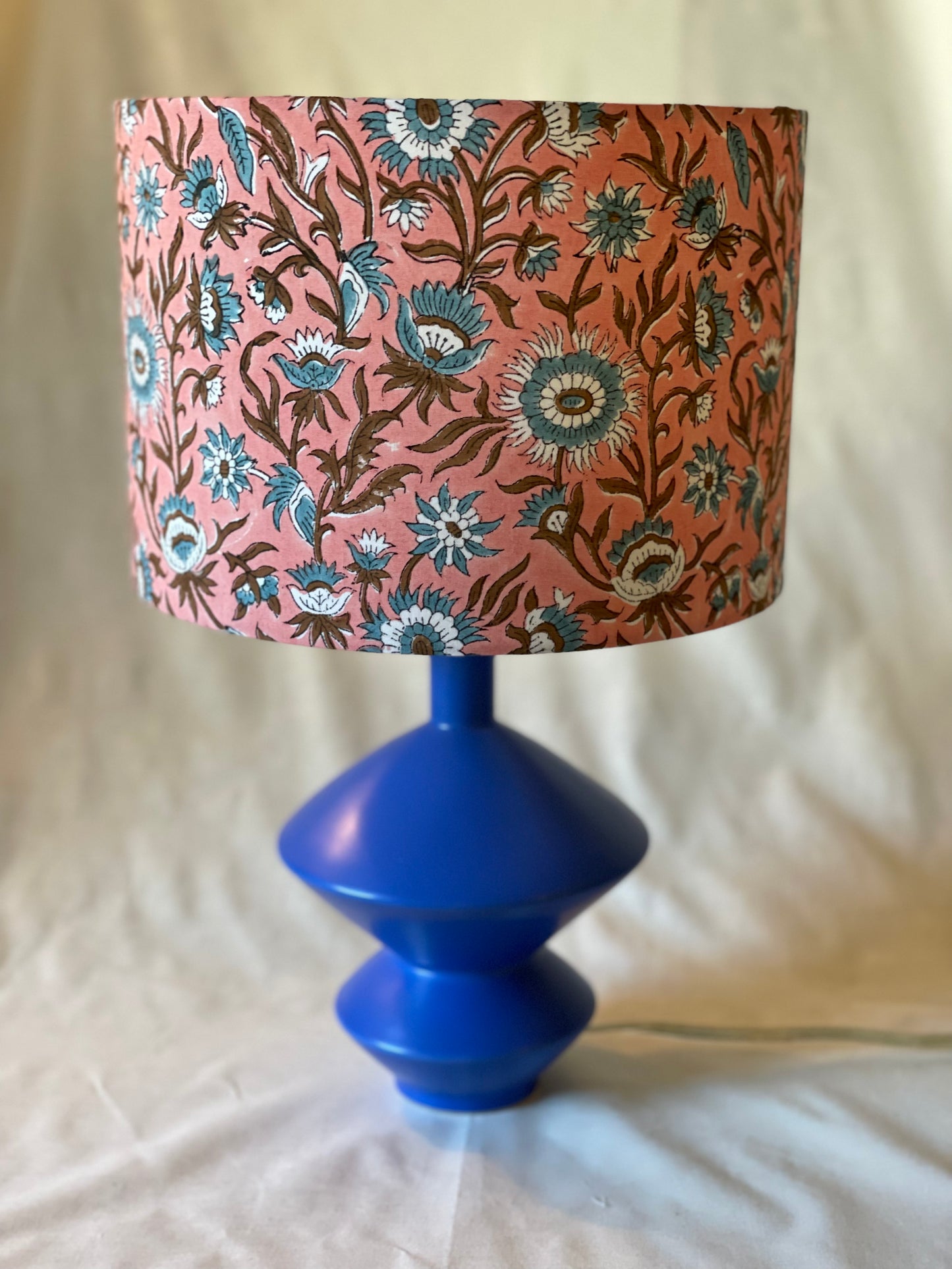 10 inch Drum Lampshade. Indian Block print from Jaipur. Rosy Pink with Brown and Cadet Blue Floral Motif.
