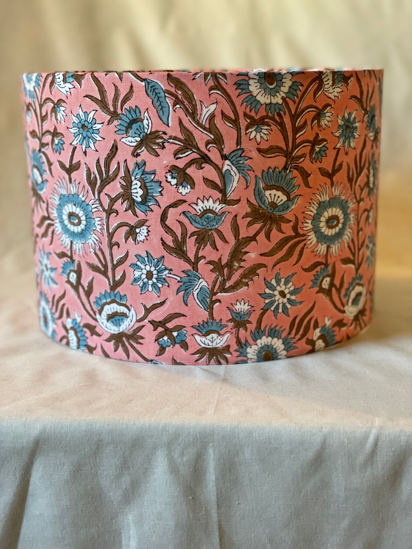 10 inch Drum Lampshade. Indian Block print from Jaipur. Rosy Pink with Brown and Cadet Blue Floral Motif.