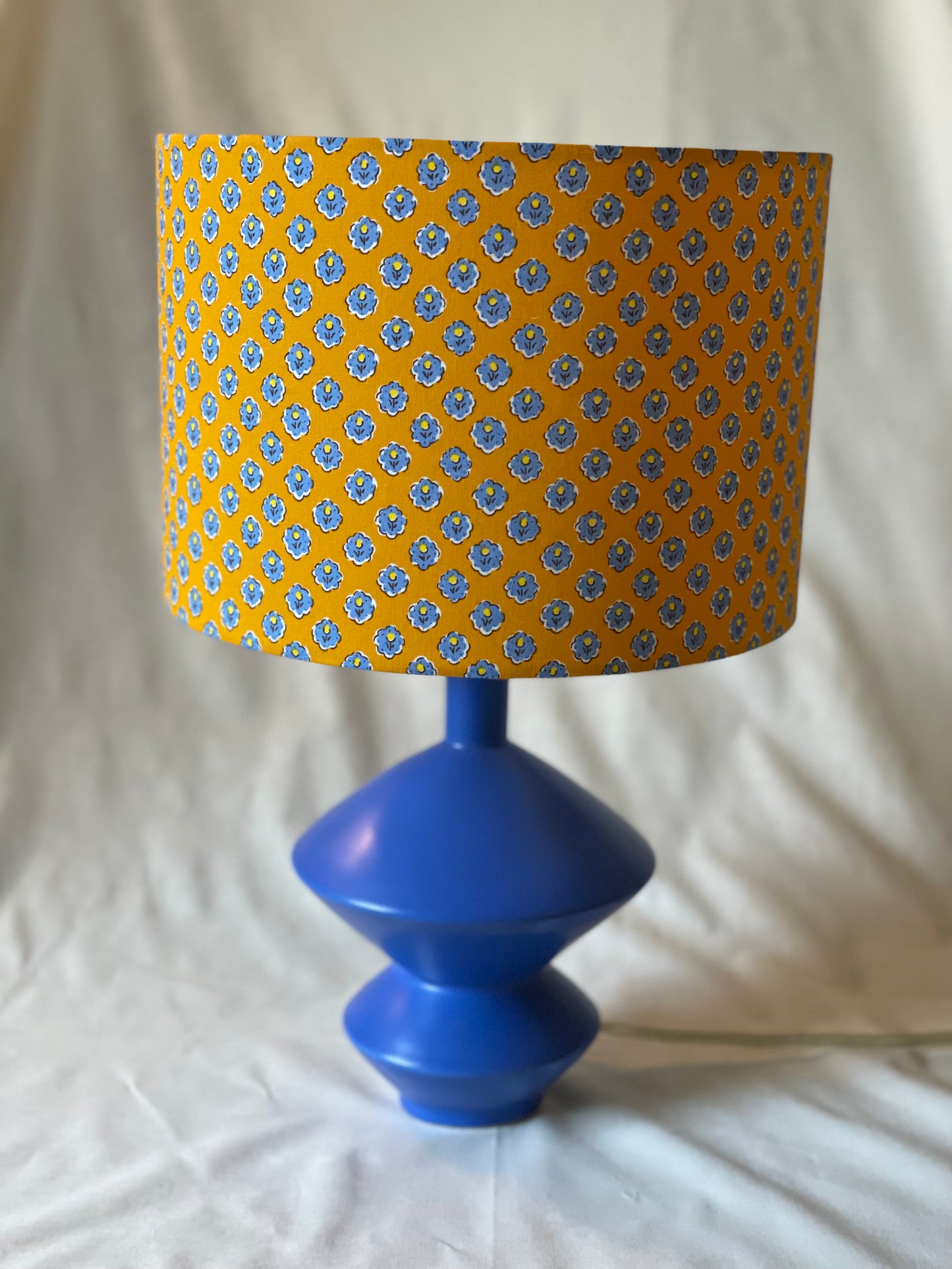 10 inch Drum Lampshade. Vintage French Fabric. Mustardy Yellow with French Blue and Pale Yellow Floral Motif.