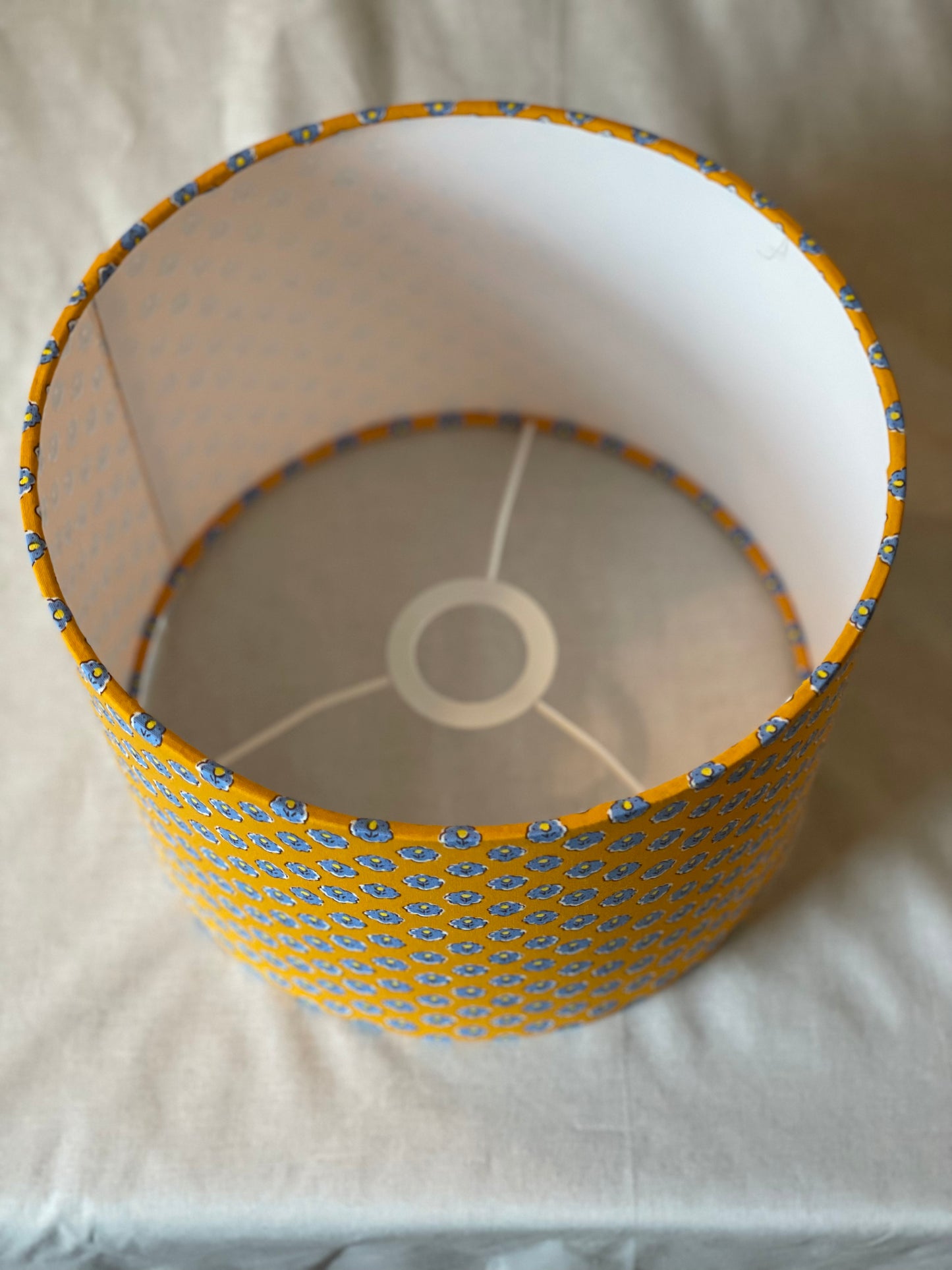 10 inch Drum Lampshade. Vintage French Fabric. Mustardy Yellow with French Blue and Pale Yellow Floral Motif.