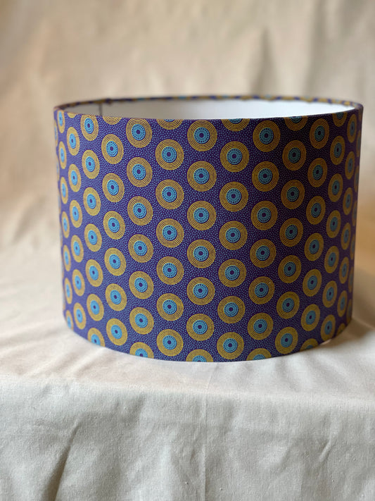 10 inch Drum Lampshade. Dynamic South African Shwe Shwe Print- Purple with Teal and Yellow "LP" Motif