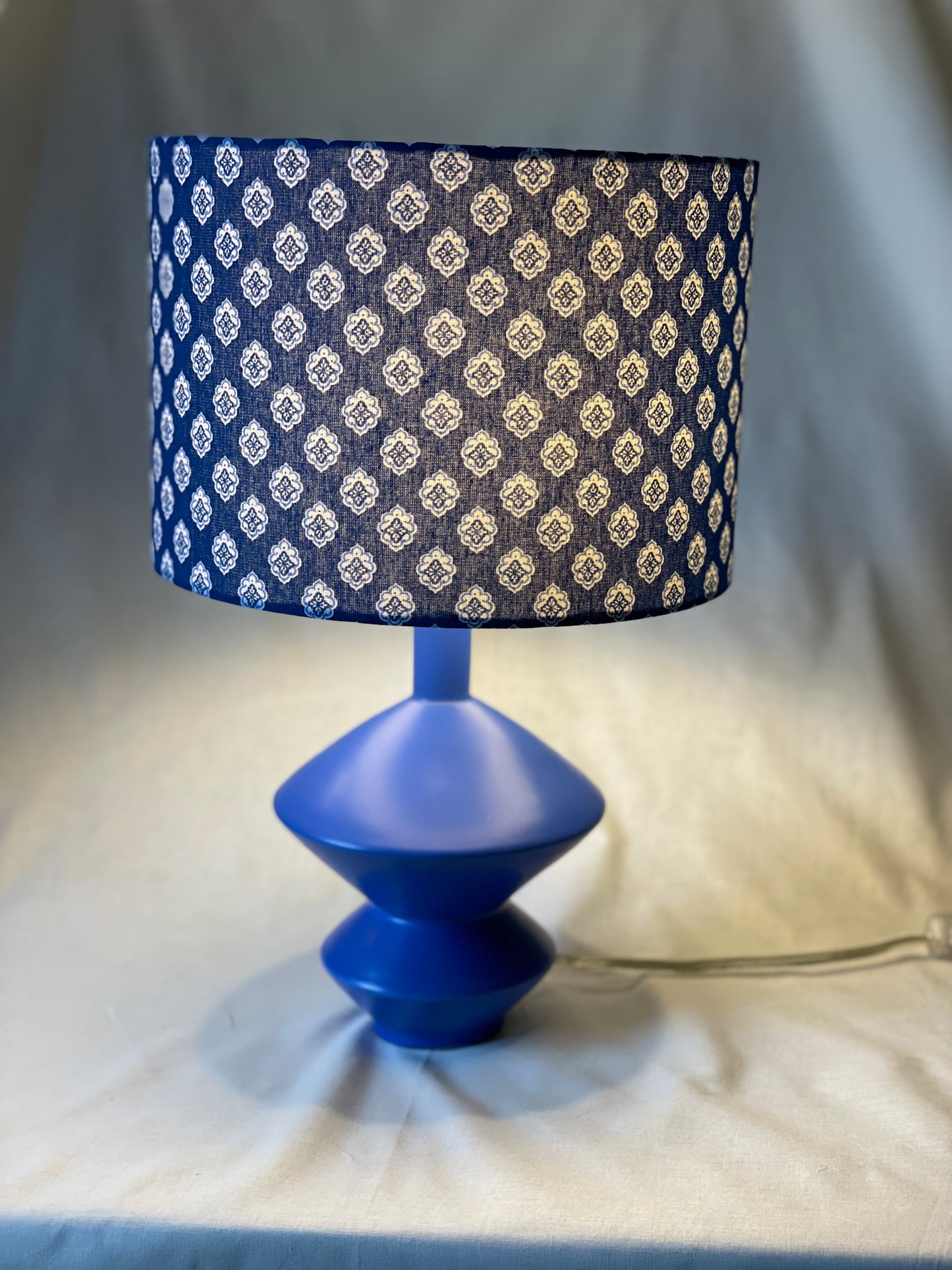 10 inch Drum Lampshade. French Jacquard. "Antibes" Blue and White.