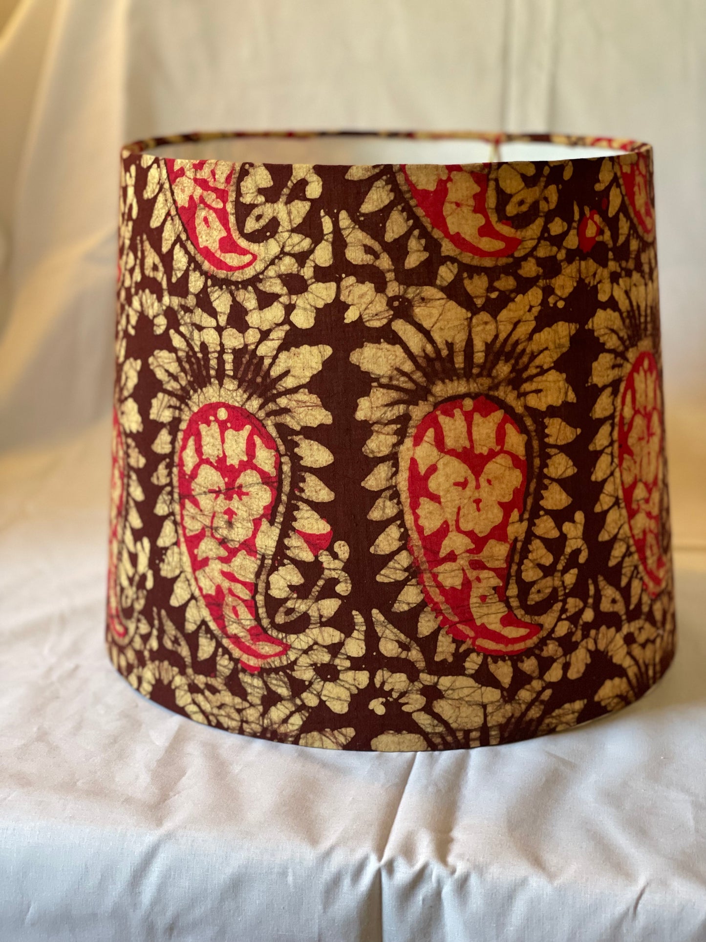 Medium Empire Shade. Kutchi Hand Batik from India. Brown and Pink Paisley.