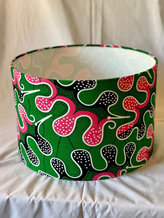12 Inch Drum Shade. West African Ankara Fabric. Pink and Green with Black and White detail.