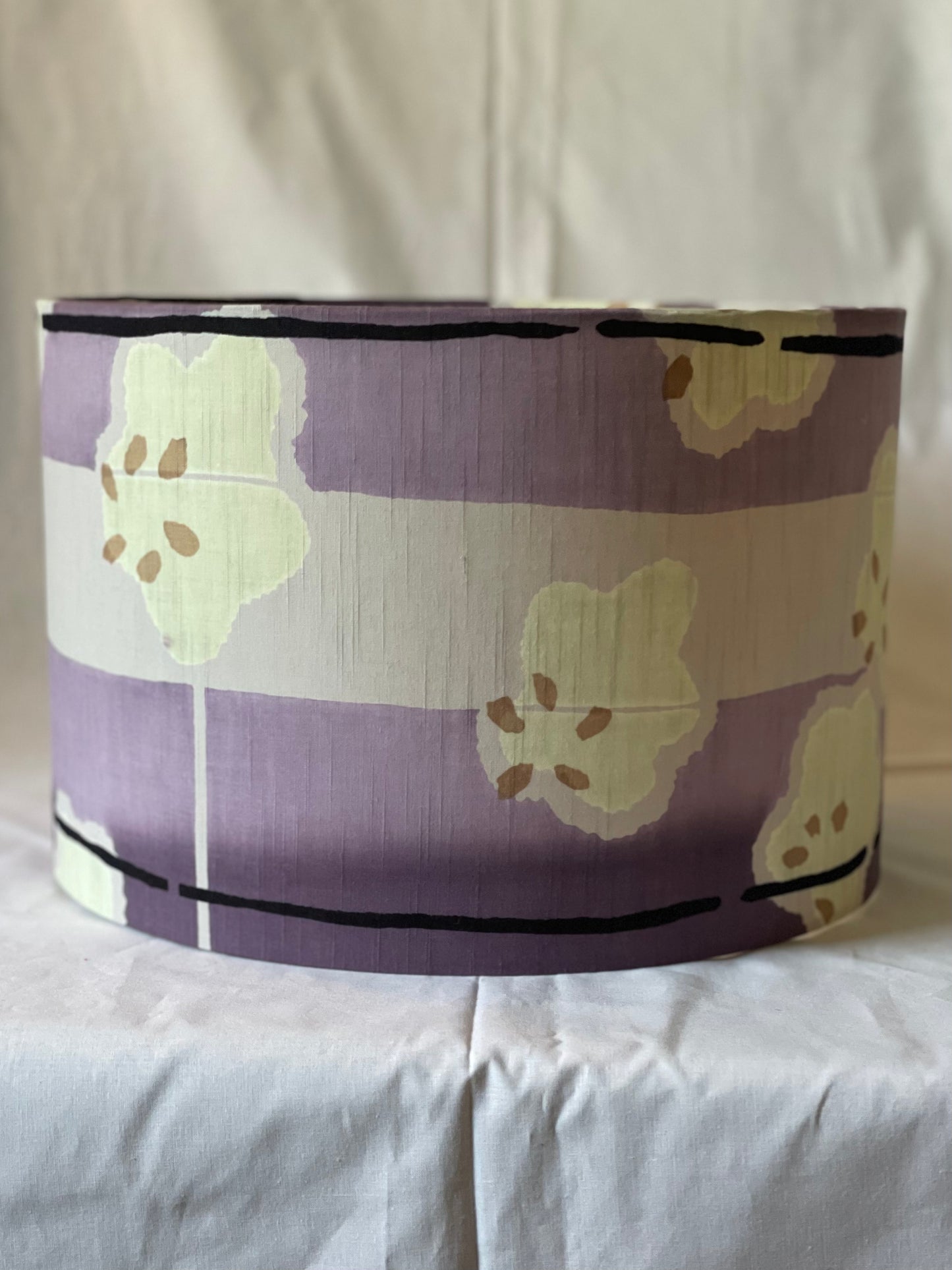 12 Inch Drum Shade. Vintage Summer Kimono Fabric. Slightly Textured shades of Lilac, Smoky Purple and Grey.
