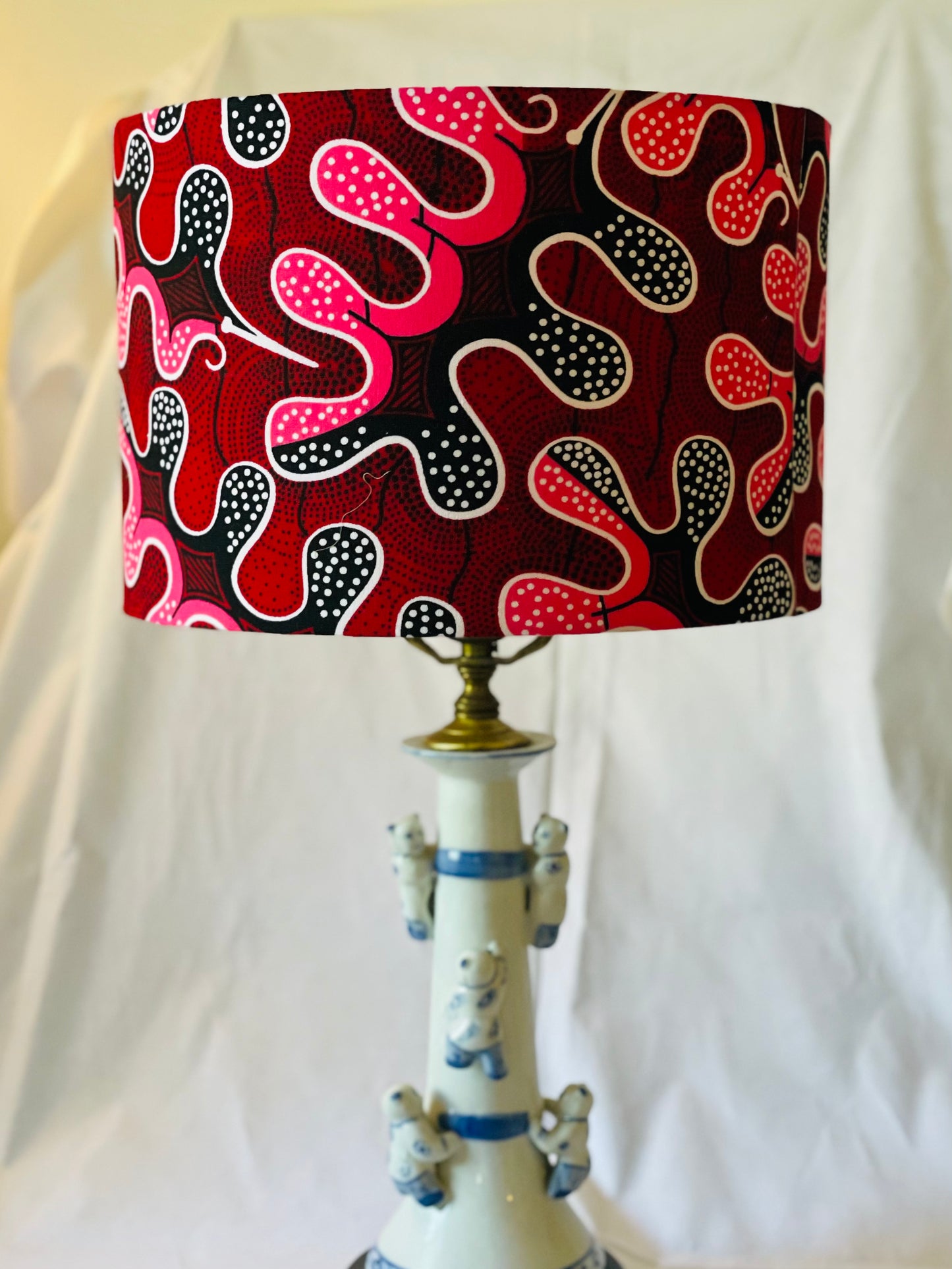 12 Inch Drum Shade. West African Ankara Fabric. Pink and Garnet with Black and White detail.