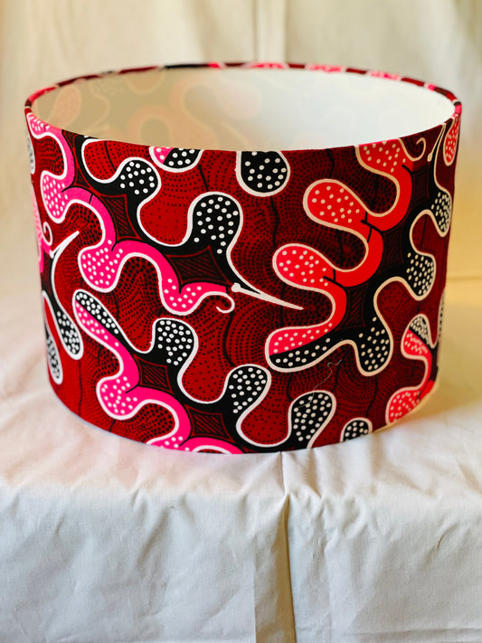 12 Inch Drum Shade. West African Ankara Fabric. Pink and Garnet with Black and White detail.