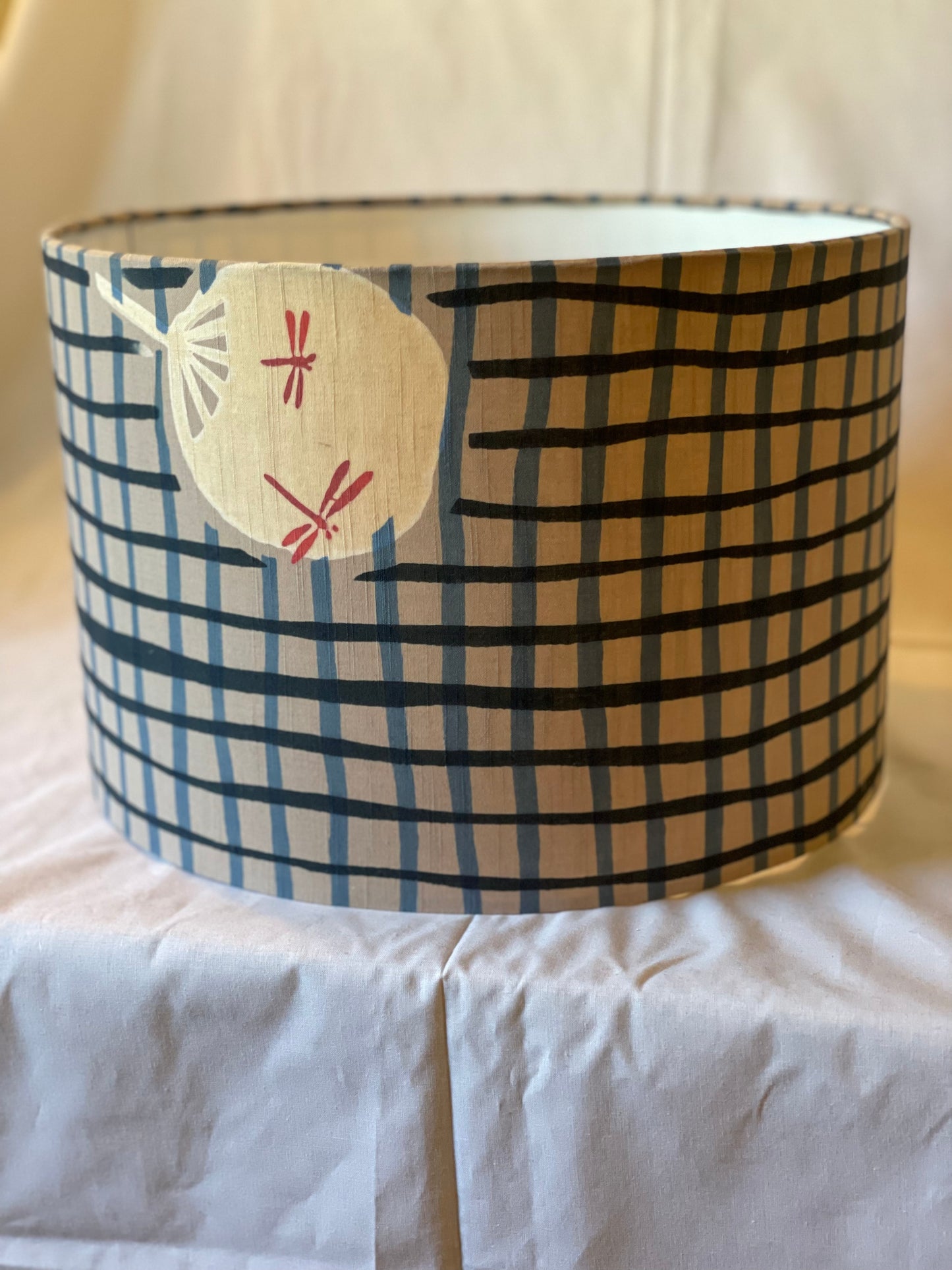 12 Inch Drum Shade. Vintage Summer Kimono Fabric. Light Raw Umber with Licorice and Cadet Grey Hashing. Pink and Light Khaki detail.