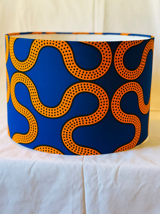 12 Inch Drum Shade. West African Ankara Fabric. Bright Blue and Orange.