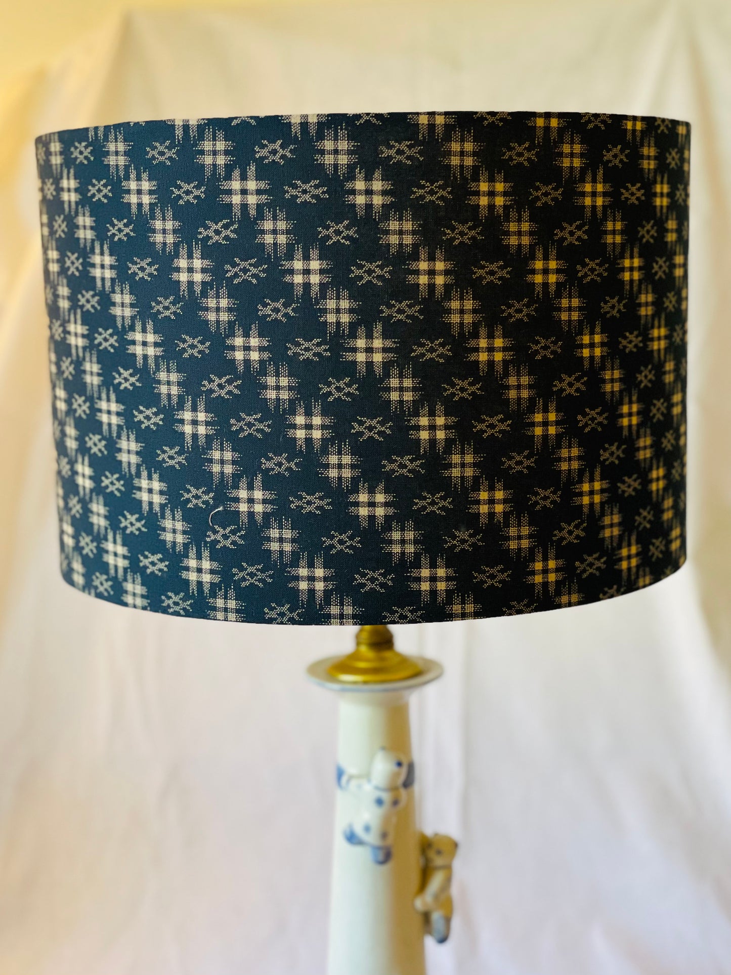 12 Inch Drum Lampshade. Traditional Japanese Design. Navy Blue with Ecru Hashtag Motif.