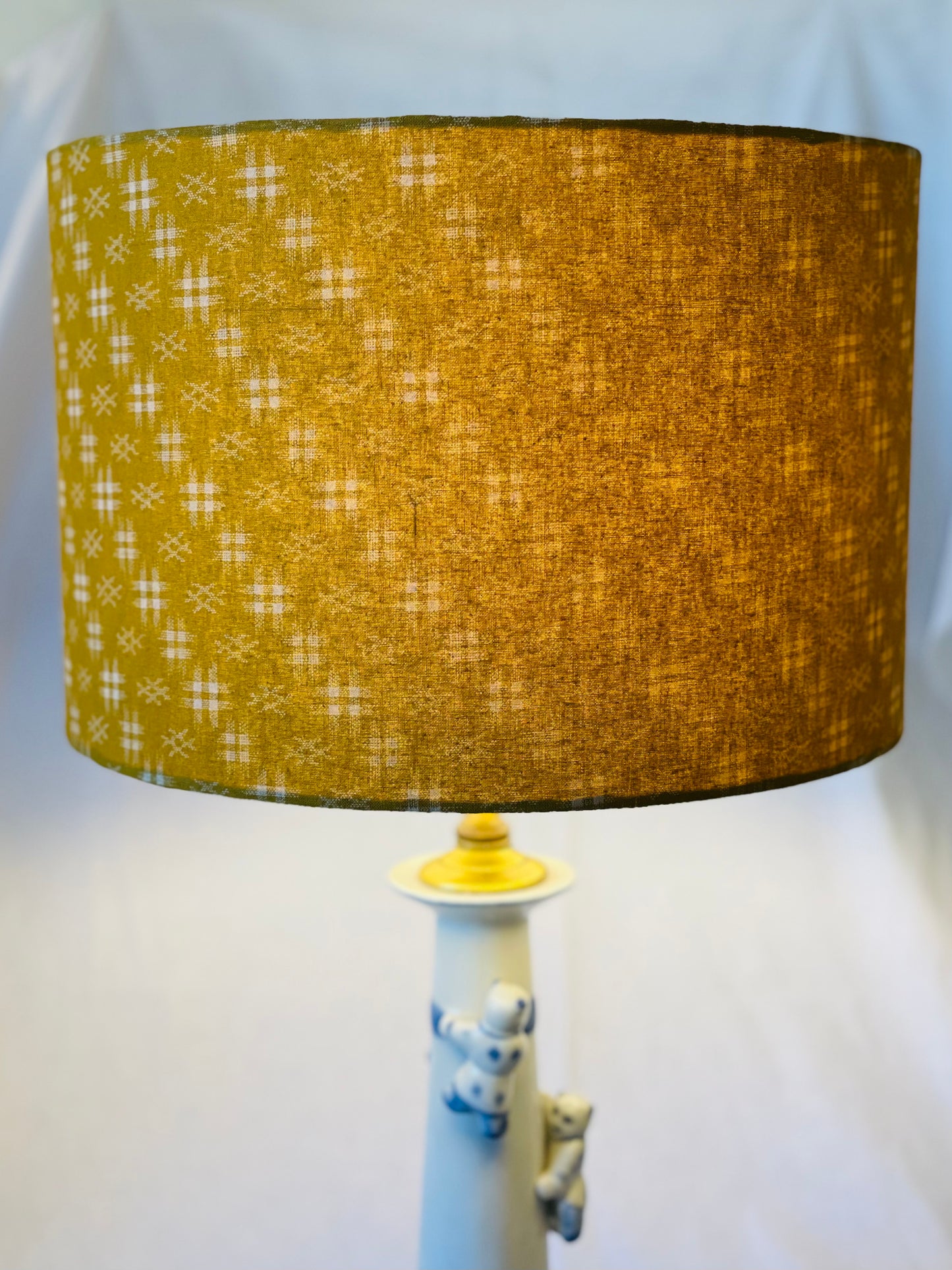 12 Inch Drum Lampshade. Traditional Japanese Design. Harvest Gold with Ecru Hashtag Motif.