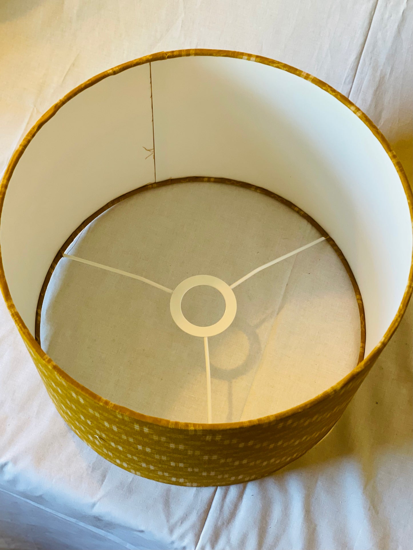 12 Inch Drum Lampshade. Traditional Japanese Design. Harvest Gold with Ecru Hashtag Motif.