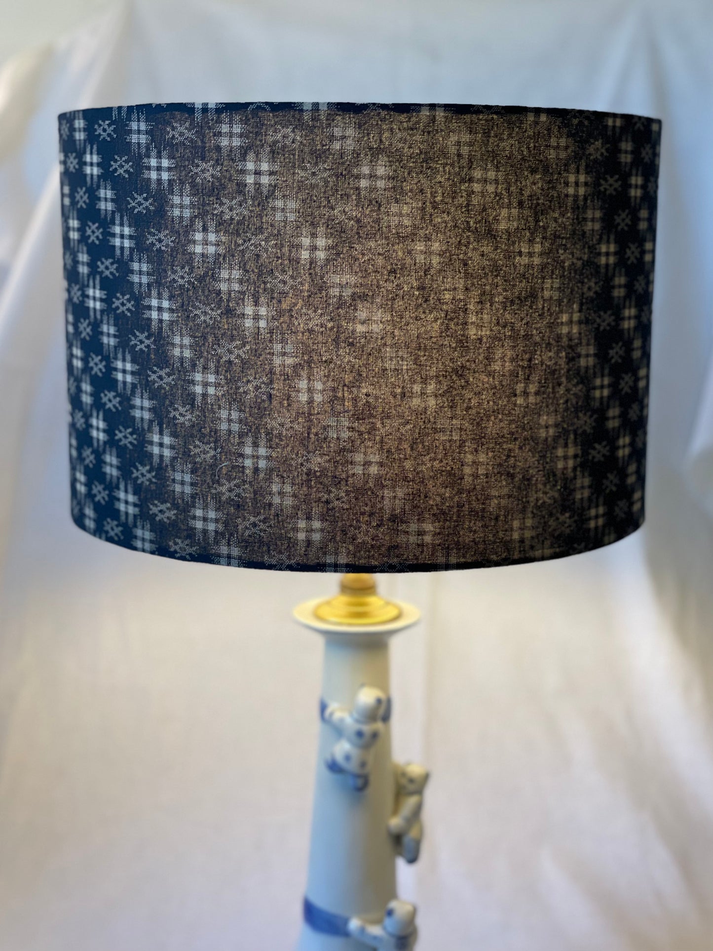 12 Inch Drum Lampshade. Traditional Japanese Design. Navy Blue with Ecru Hashtag Motif.
