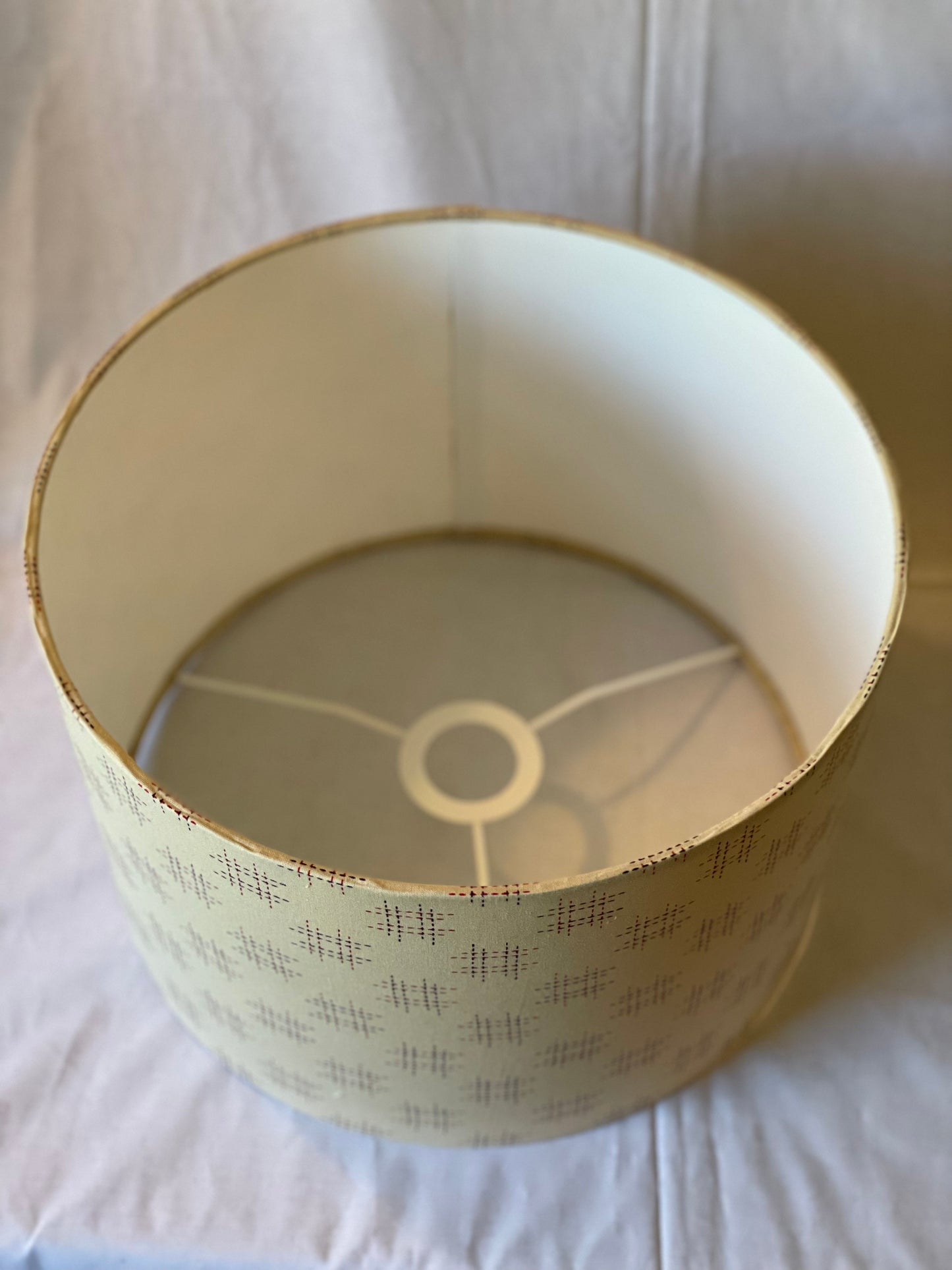 12 Inch Drum Shade. Traditional Japanese Design. Parchment with Maroon Hashtag Motif.