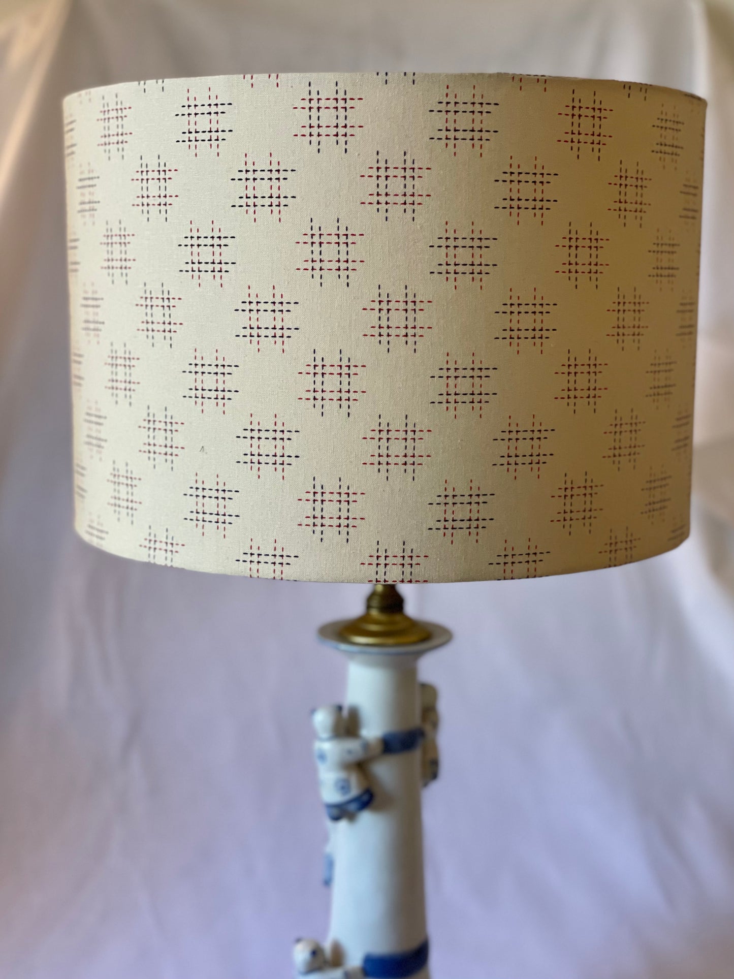 12 Inch Drum Shade. Traditional Japanese Design. Parchment with Maroon Hashtag Motif.