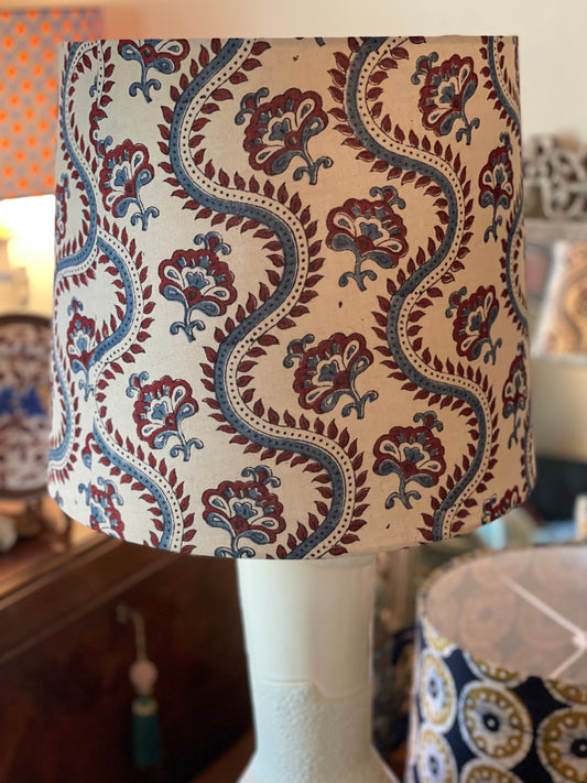 Large Empire Shade. 11.75 x 13.75 x 11.75. Ajrakh Mul Cotton Block Print. Ivory with Maroon and Cadet Blue Details.
