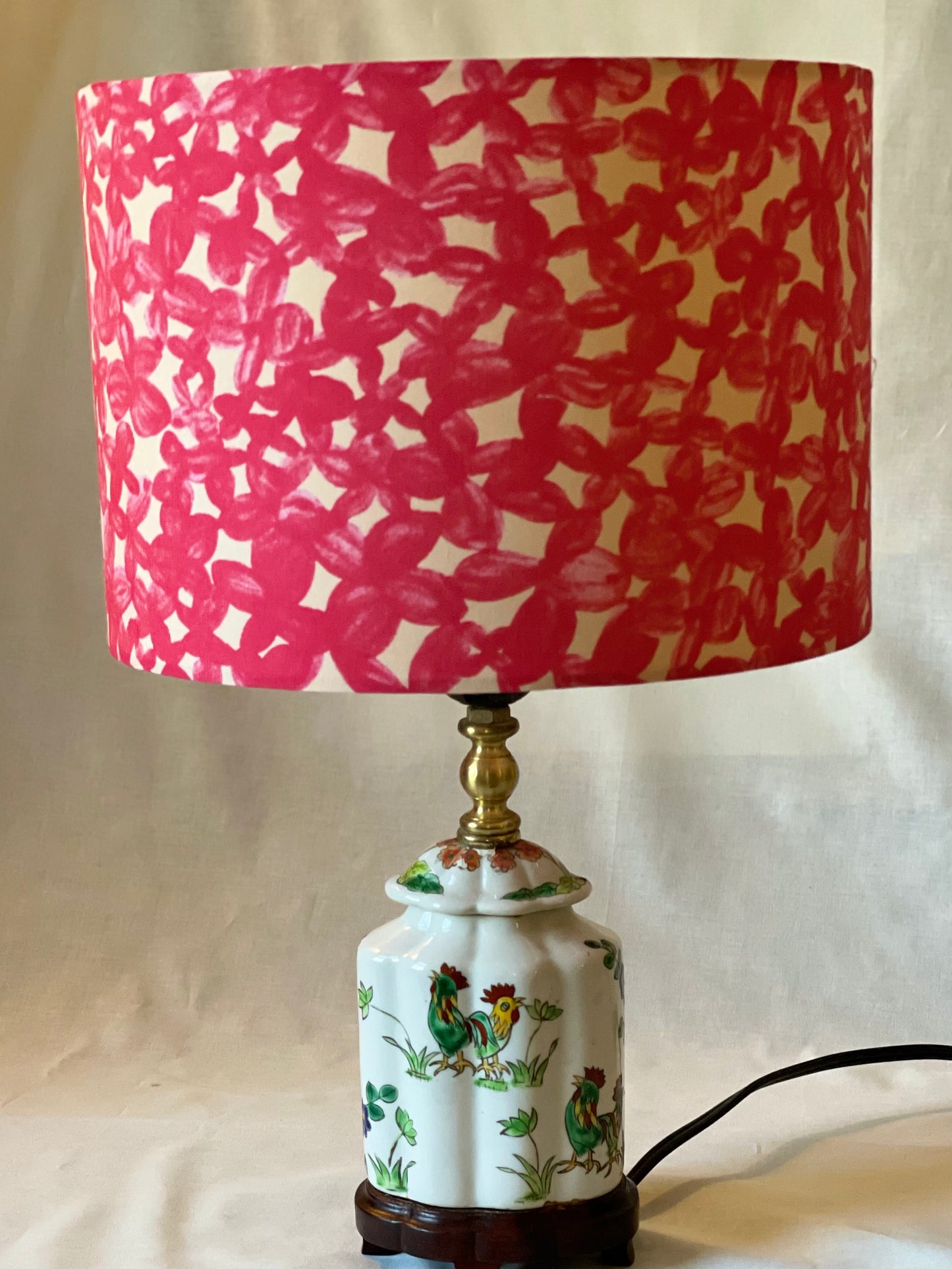 10 inch Drum Lampshade. Vibrant Japanese Print- Hot Pink and Pale Apricot.