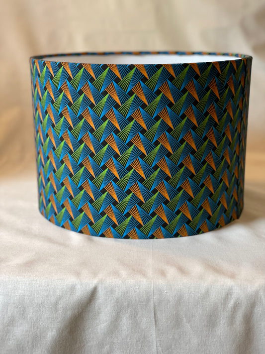 10 inch Drum Lampshade. Dynamic South African Shwe Shwe Print- Blue, Orange, Green and Navy.