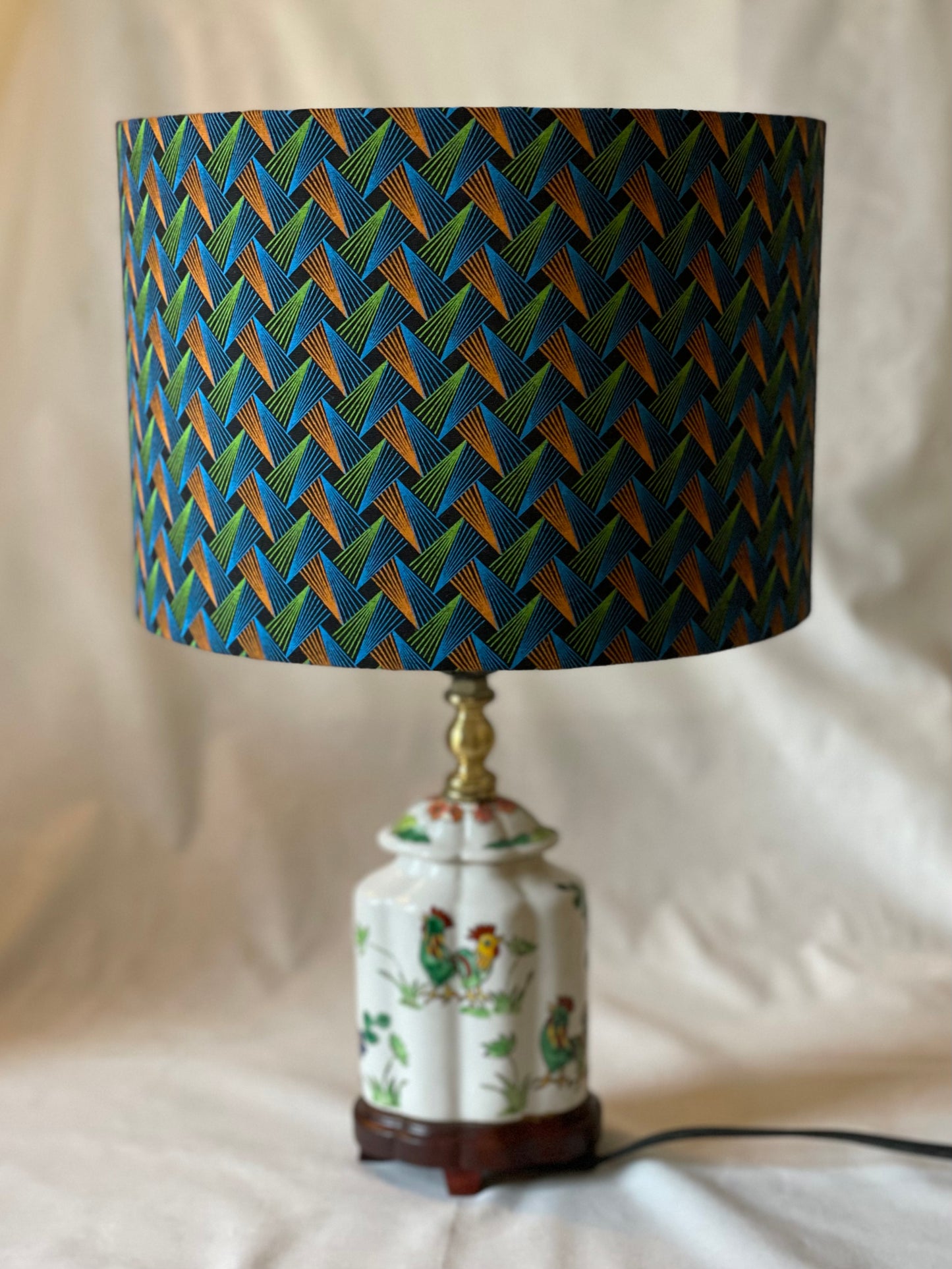 10 inch Drum Lampshade. Dynamic South African Shwe Shwe Print- Blue, Orange, Green and Navy.