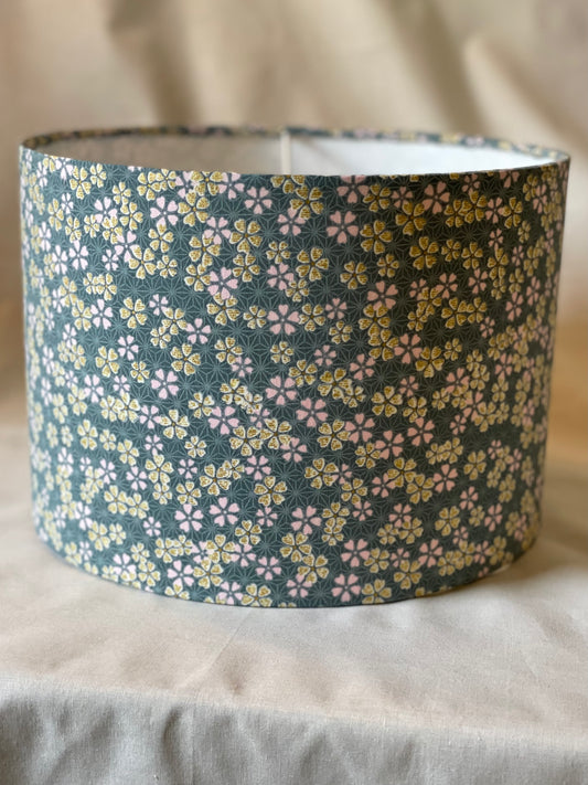 10 inch Drum Lampshade. Japanese Cherry Blossom Motif, Light Teal, Gold, and Pale Pink.