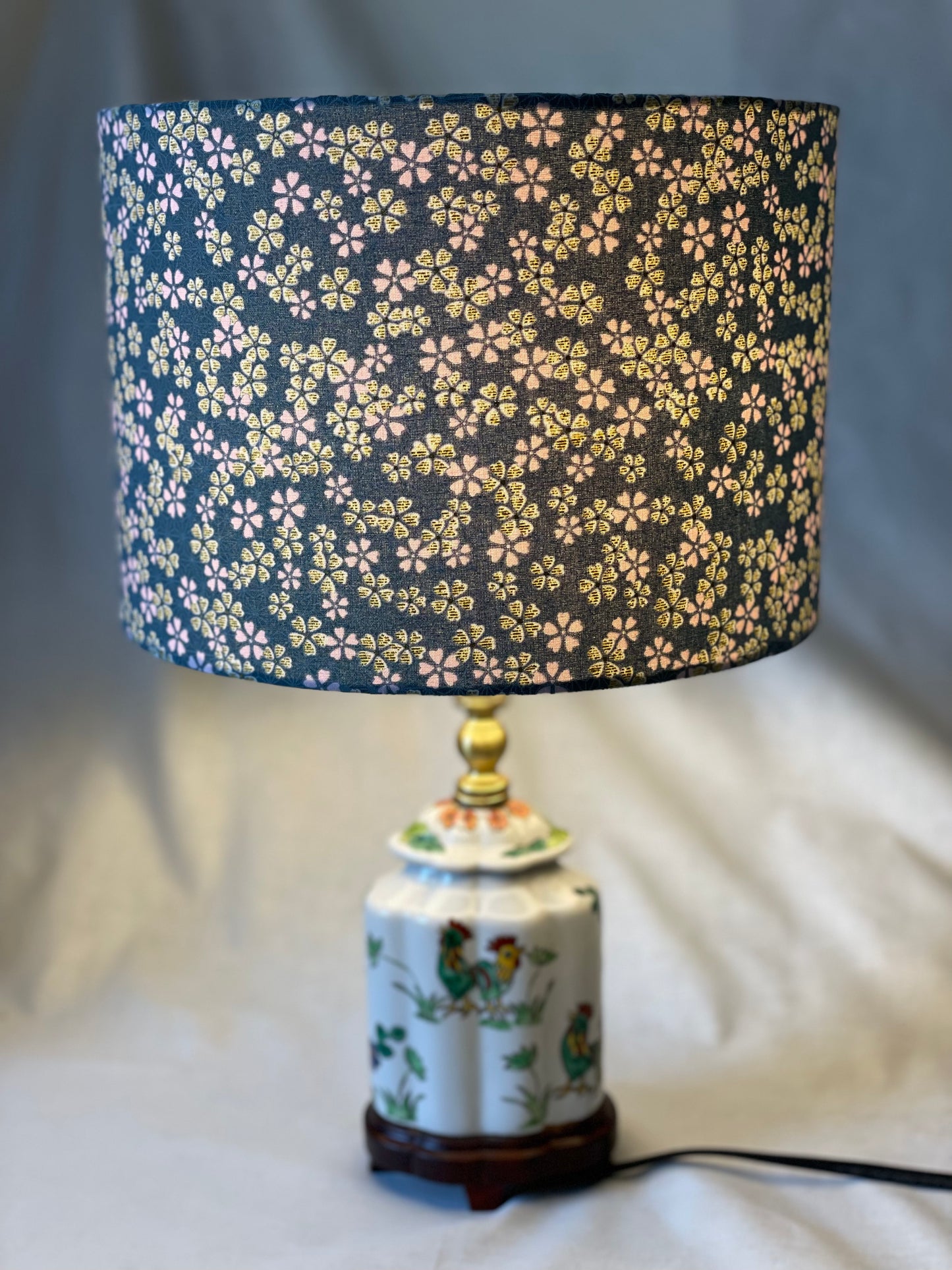 10 inch Drum Lampshade. Japanese Cherry Blossom Motif, Light Teal, Gold, and Pale Pink.