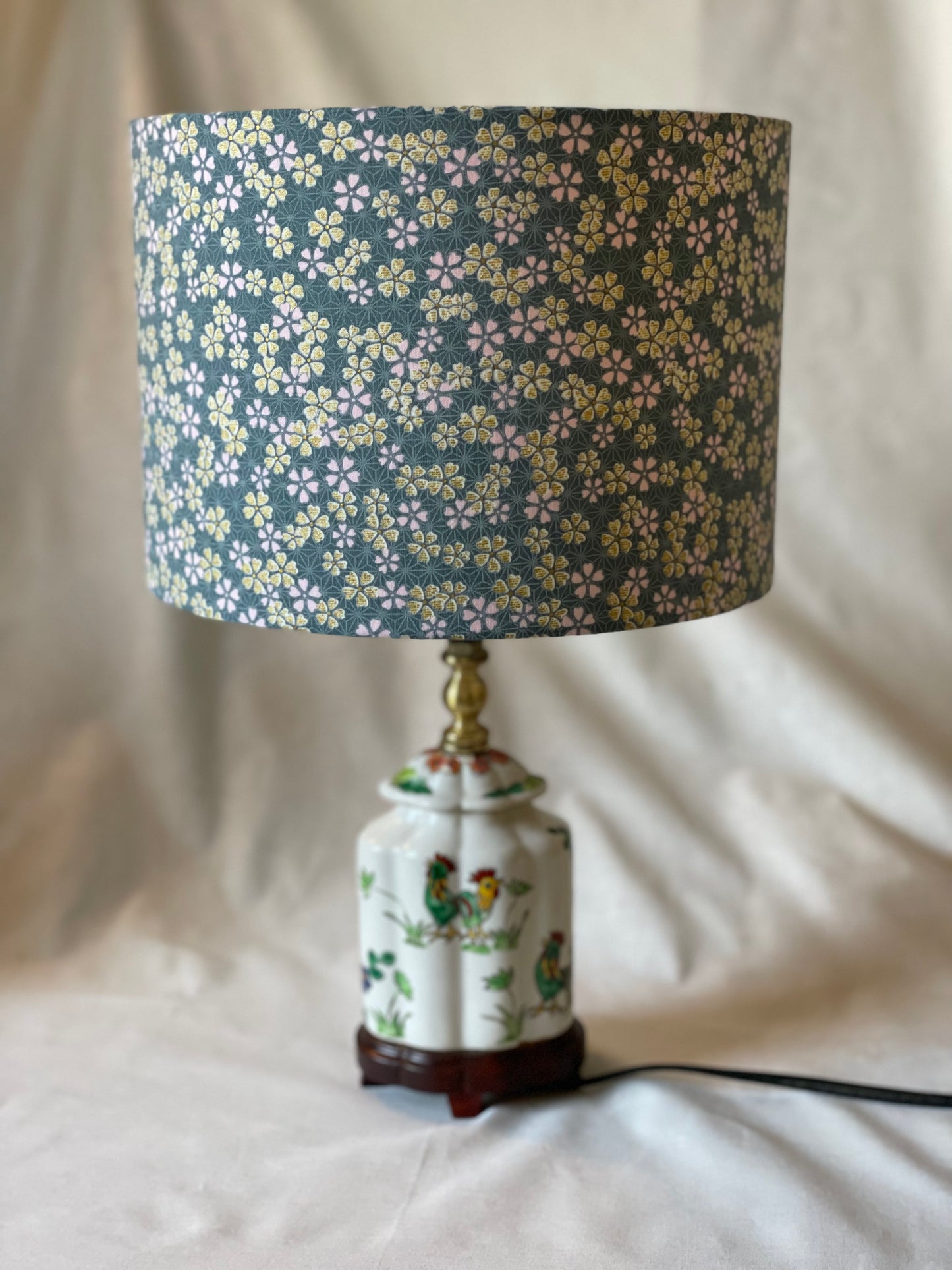 10 inch Drum Lampshade. Japanese Cherry Blossom Motif, Light Teal, Gold, and Pale Pink.